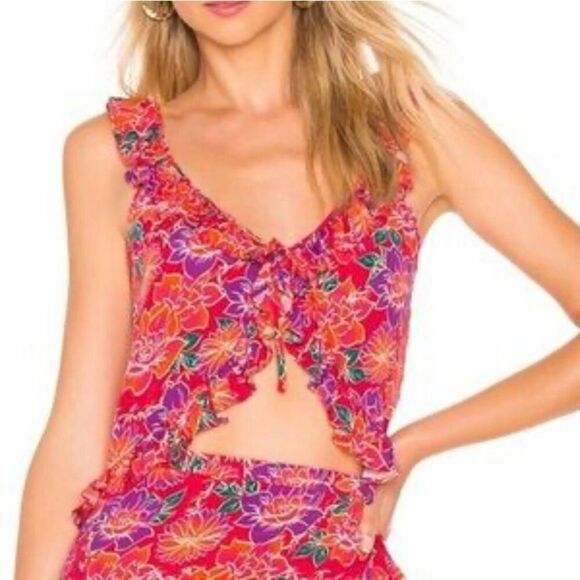 Paloma Blue Ali Floral Print Crepe Silk Blend Tie Up Ruffled Crop Top Size Large - Picture 1 of 7